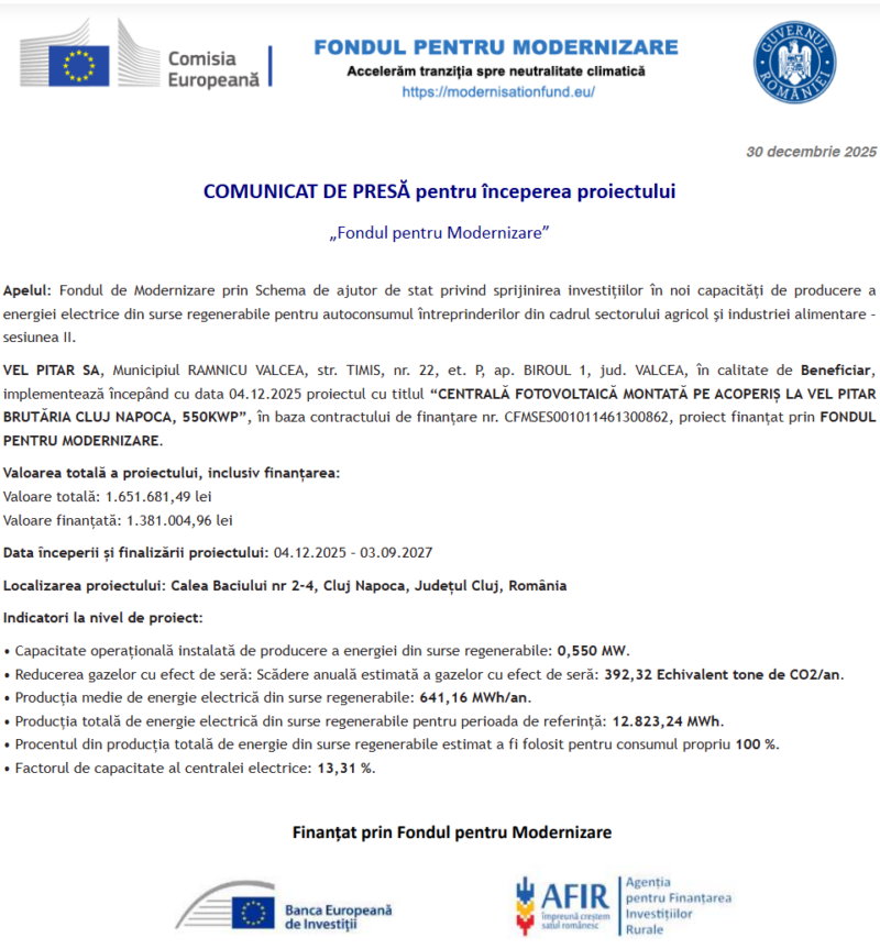 Comunicat de presă privind începerea derulării proiectului „CENTRALĂ FOTOVOLTAICĂ MONTATĂ PE ACOPERIȘ LA VEL PITAR BRUTĂRIA CLUJ NAPOCA, 550KWP”