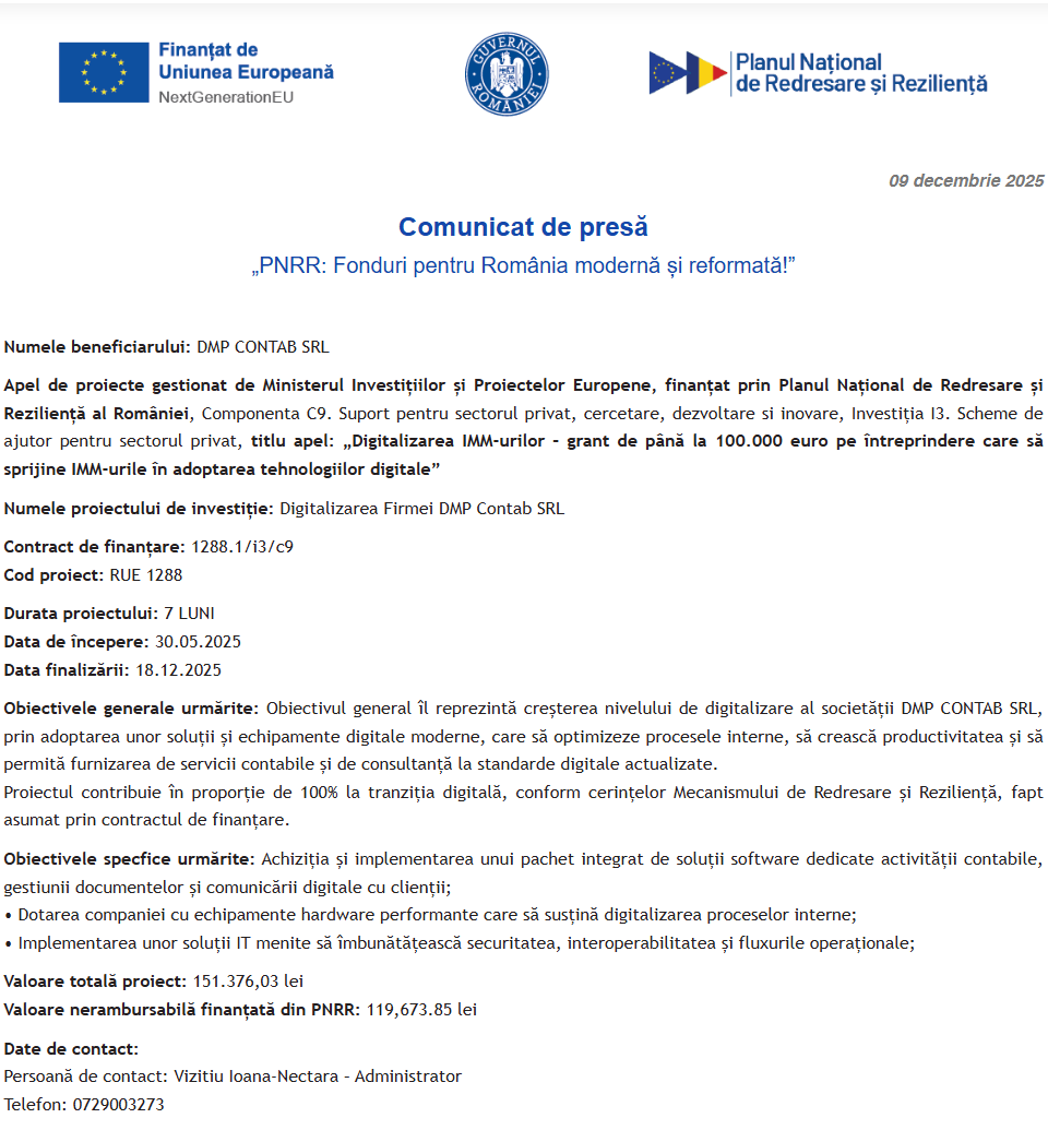 Comunicat de presă privind începerea derulării proiectului “Digitalizarea Firmei DMP Contab SRL”