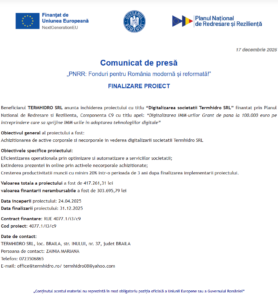 Comunicat de presa incepere proiect fonduri PNRR - TERMHIDRO SRL