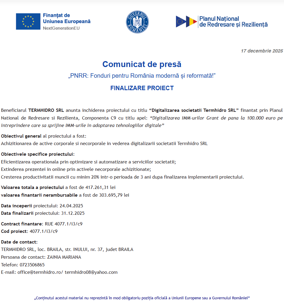 Comunicat de presă privind finalizarea derulării proiectului “Digitalizarea societatii Termhidro SRL”
