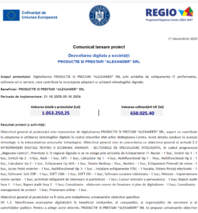 Comunicat de presa incepere proiect fonduri europene PRODUCTIE SI PRESTARI ALEXANDER SRL - 17 dec