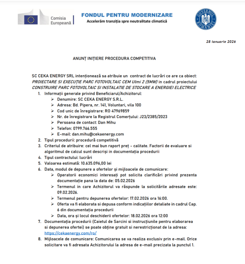 Anunt procedura competitiva achiziție lucrari proiectare si executie parc fotovoltaic Ceka Energy SRL