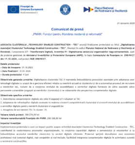 Comunicat de presa finalizare proiect PNRR - ASOCIATIA CLUSTERULUI TECHNOLOGY ENABLED CONSTRUCTION – TEC
