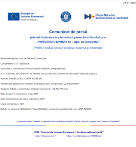 Comunicat de presa finalizare proiect PNRR - COREF MEDIS SRL