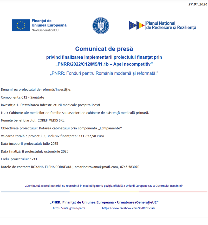 Comunicat de presă privind finalizarea derulării proiect dotare cabinet COREF MEDIS SRL