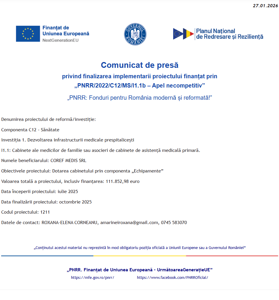 Comunicat de presă privind finalizarea derulării proiect dotare cabinet COREF MEDIS SRL