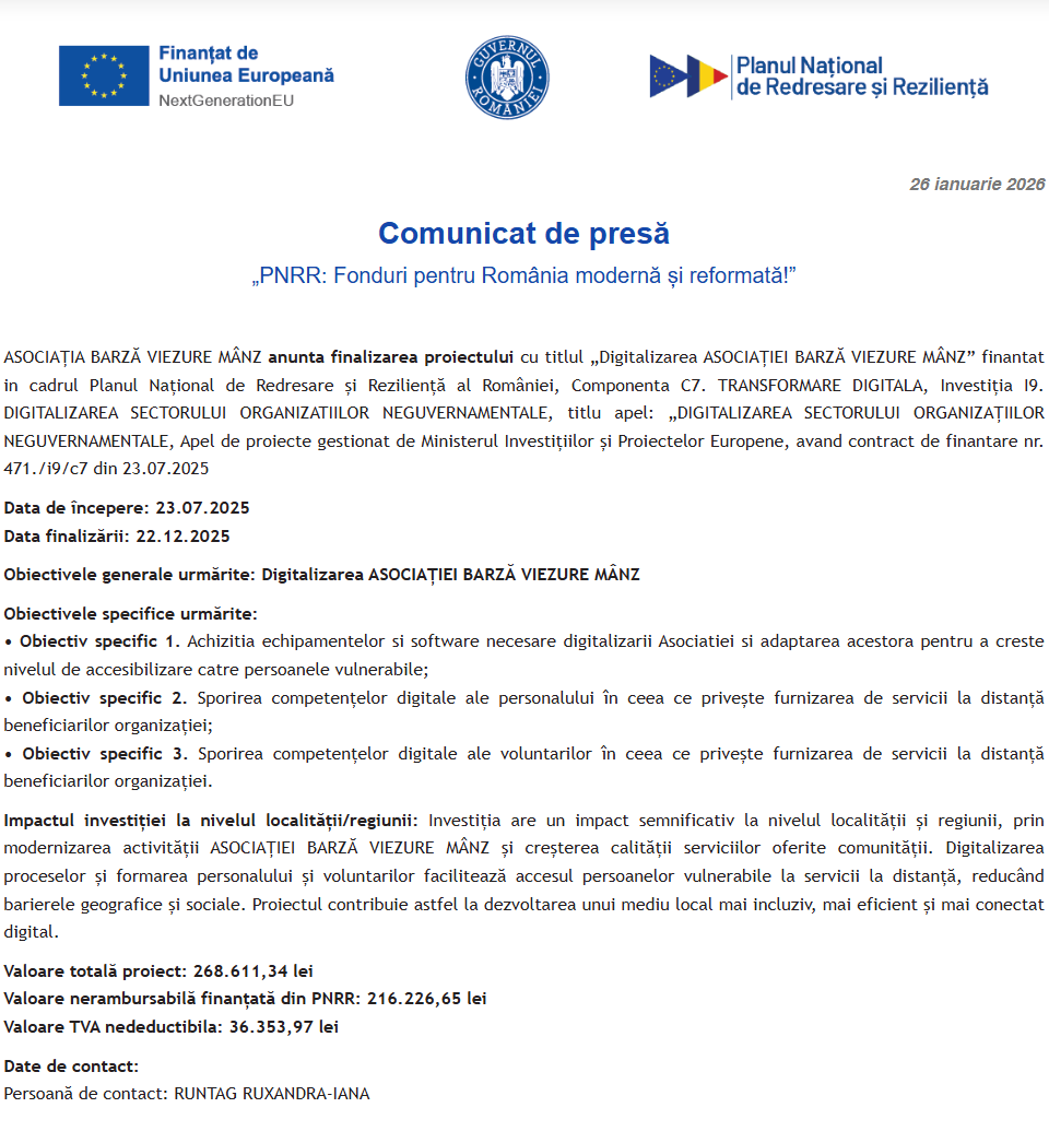 Comunicat de presă privind finalizarea derulării proiectului “Digitalizarea ASOCIAȚIEI BARZĂ VIEZURE MÂNZ”