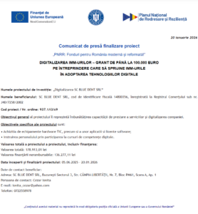 Comunicat de presa finalizare proiect fonduri PNRR - BLUE DENT SRL