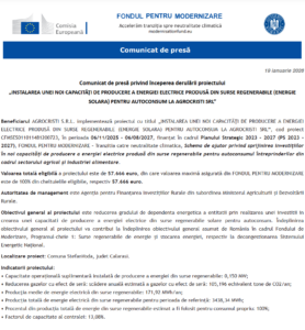 Comunicat de presa incepere proiect Fondul pentru Modernizare - AGROCRISTI SRL