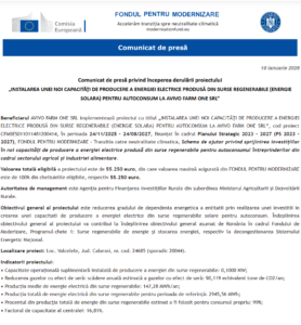 Comunicat de presa incepere proiect Fondul pentru Modernizare - AVIVO FARM ONE SRL