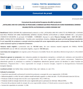 Comunicat de presa incepere proiect Fondul pentru Modernizare - GREEN CRISFARM SRL