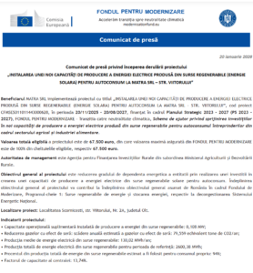 Comunicat de presa incepere proiect Fondul pentru Modernizare - MATRA SRL