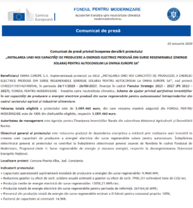 Comunicat de presa incepere proiect Fondul pentru Modernizare - OMNIA EUROPE SA