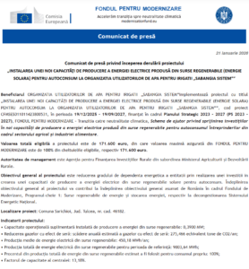 Comunicat de presa incepere proiect Fondul pentru Modernizare - OUAI SABANGIA SISTEM