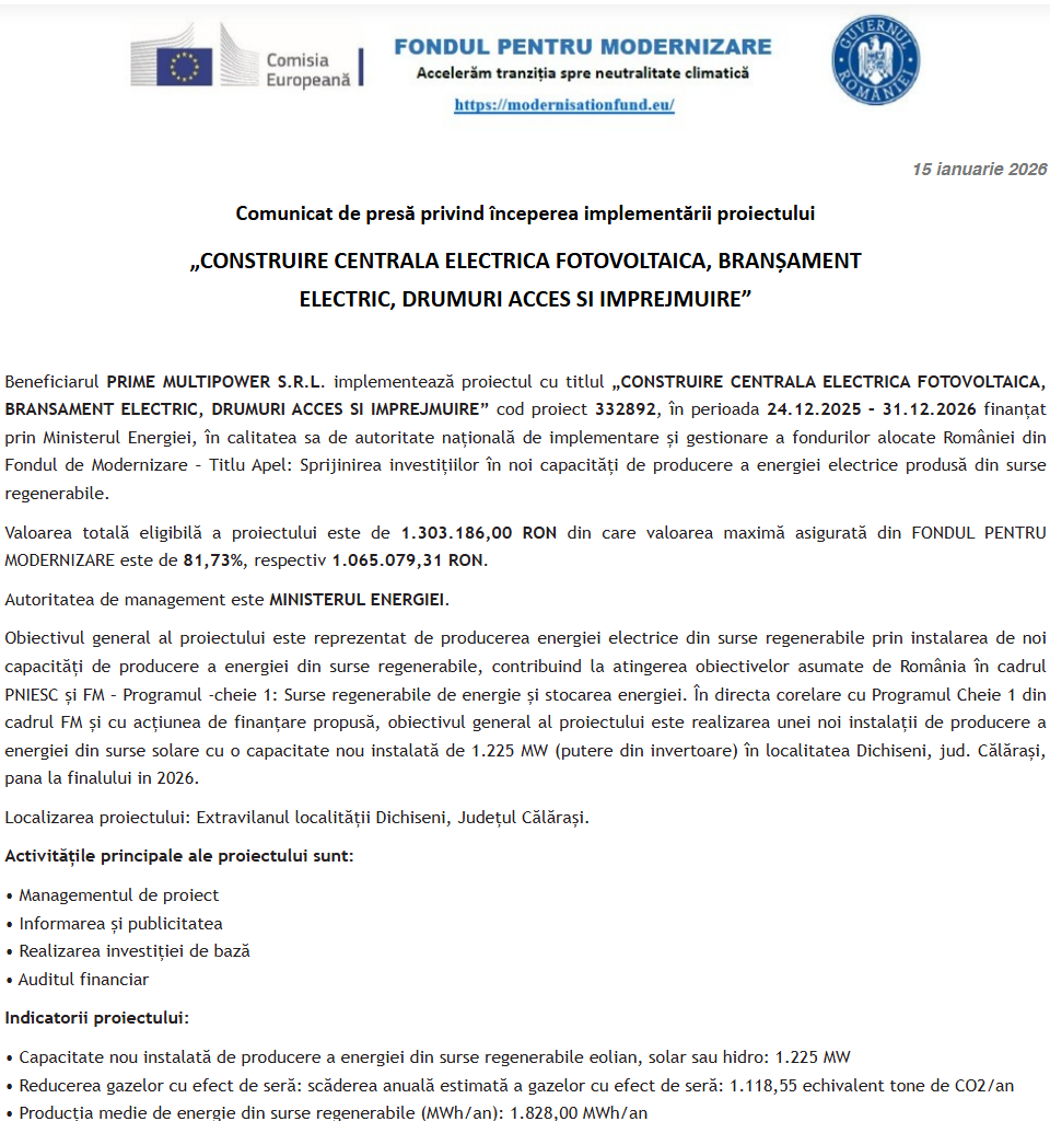 Comunicat de presă privind începerea derulării proiectului „CONSTRUIRE CENTRALA ELECTRICA FOTOVOLTAICA, BRANȘAMENT ELECTRIC, DRUMURI ACCES SI IMPREJMUIRE”