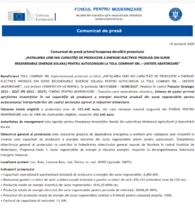Comunicat de presa incepere proiect Fondul pentru Modernizare - TOLIL COMPANY SRL - abator