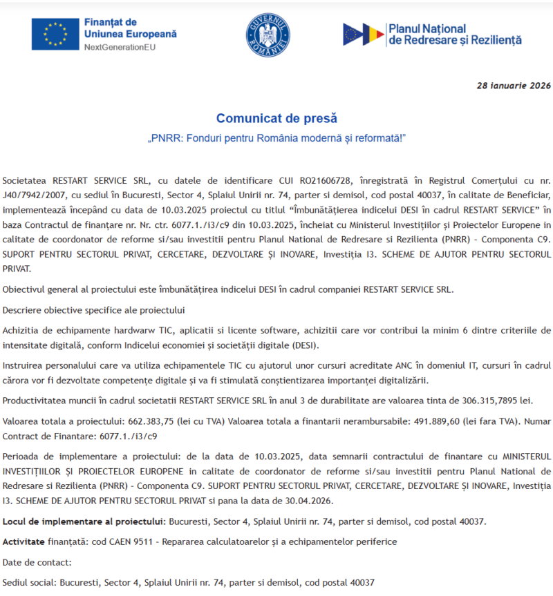 Comunicat de presă privind începerea derulării proiectului “Îmbunătățierea indicelui DESI în cadrul RESTART SERVICE”
