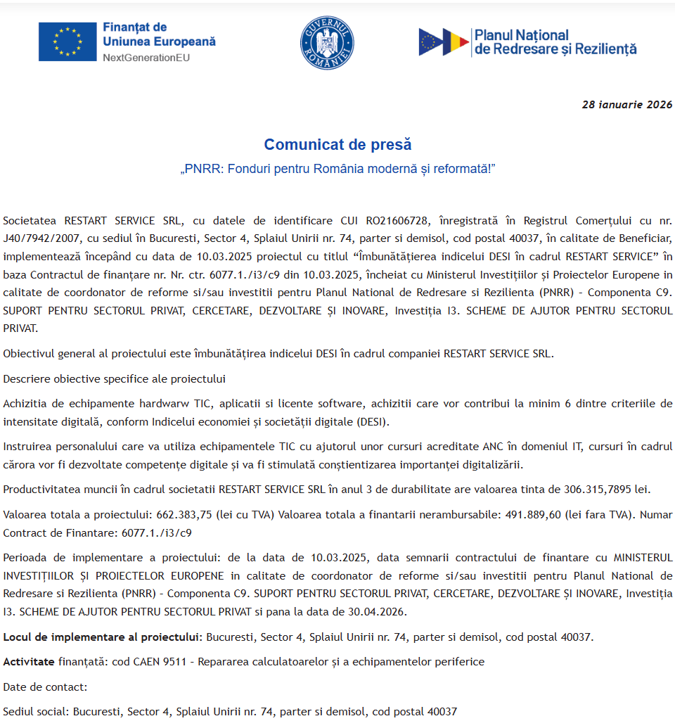 Comunicat de presă privind începerea derulării proiectului “Îmbunătățierea indicelui DESI în cadrul RESTART SERVICE”