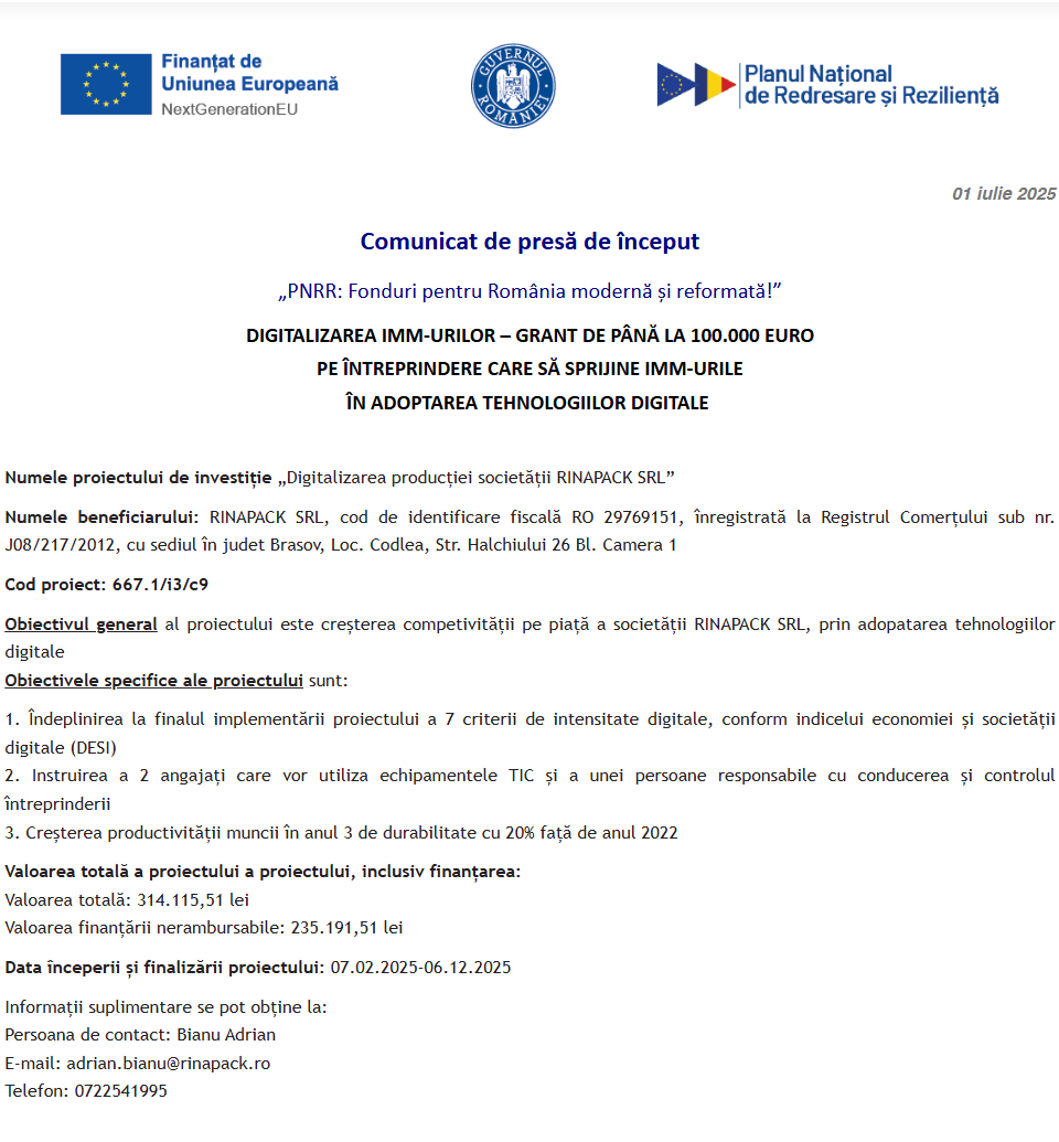 Comunicat de presă privind începerea derulării proiectului „Digitalizarea producției societății RINAPACK SRL”