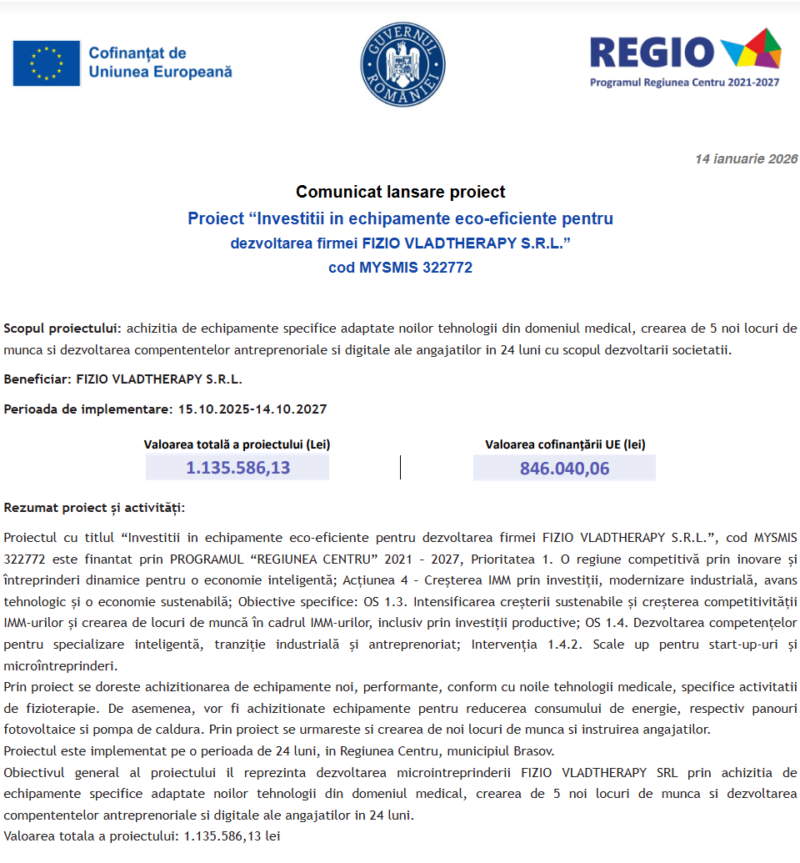 Comunicat de presă privind începerea derulării proiectului “Cresterea competitivitatii JEMAX MIR SRL”