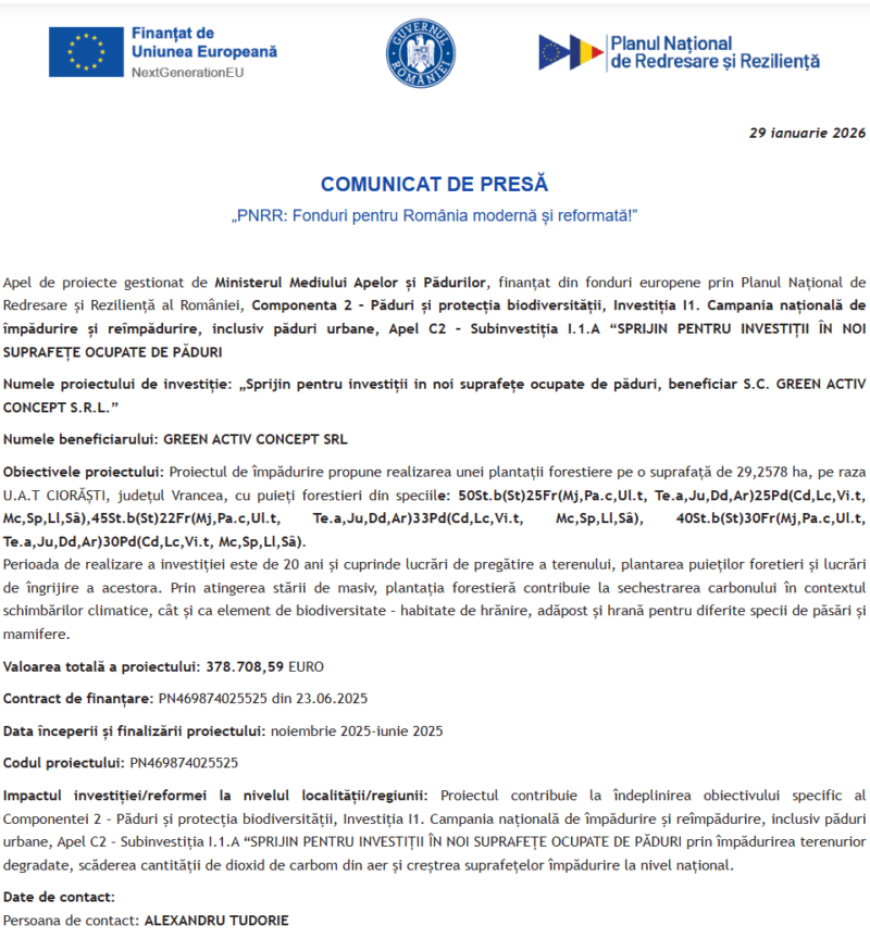 Comunicat de presă proiect PNRR “Sprijin pentru investiții in noi suprafețe ocupate de păduri, beneficiar S.C. GREEN ACTIV CONCEPT S.R.L.”