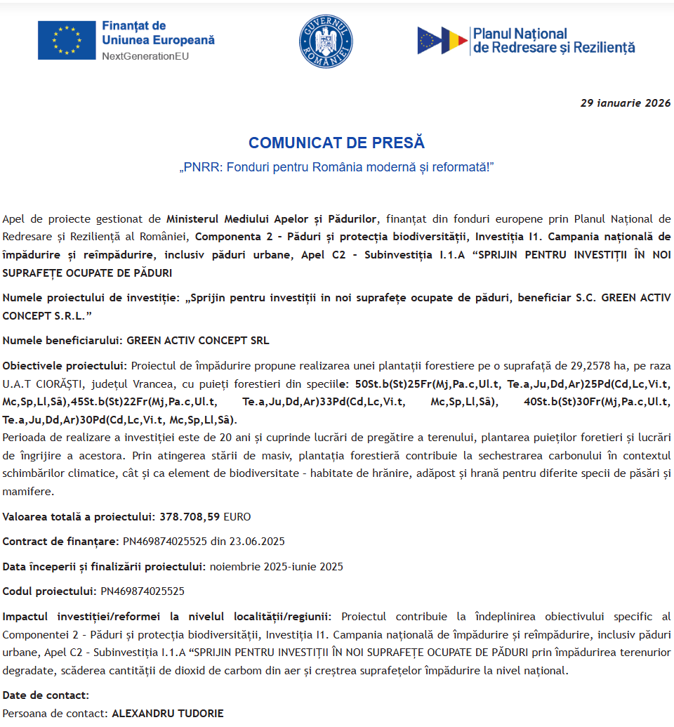 Comunicat de presă proiect PNRR “Sprijin pentru investiții in noi suprafețe ocupate de păduri, beneficiar S.C. GREEN ACTIV CONCEPT S.R.L.”