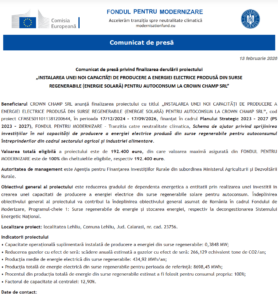 Comunicat de presa finalizare proiect Fondul pentru Modernizare - CROWN CHAMP SRL
