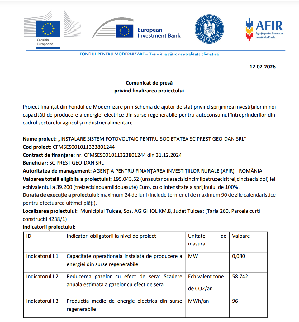 Comunicat de presă privind finalizarea derulării proiectului „INSTALARE SISTEM FOTOVOLTAIC PENTRU SOCIETATEA SC PREST GEO-DAN SRL”