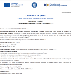 Comunicat de presa finalizare proiect PNRR - DMD COFFEE & VENDING SRL