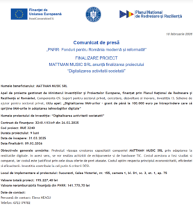 Comunicat de presa finalizare proiect PNRR - MATTMAN MUSIC SRL