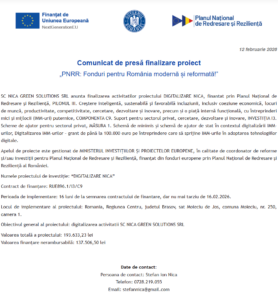 Comunicat de presa finalizare proiect PNRR - NICA GREEN SOLUTIONS SRL