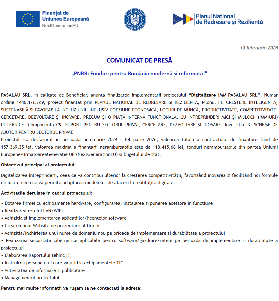 Comunicat de presă privind finalizarea derulării proiectului „Digitalizare IMM-PASALAU SRL”