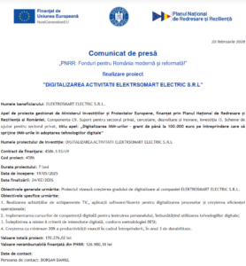 Comunicat de presa finalizare proiect fonduri PNRR - ELEKTROSMART ELECTRIC SRL