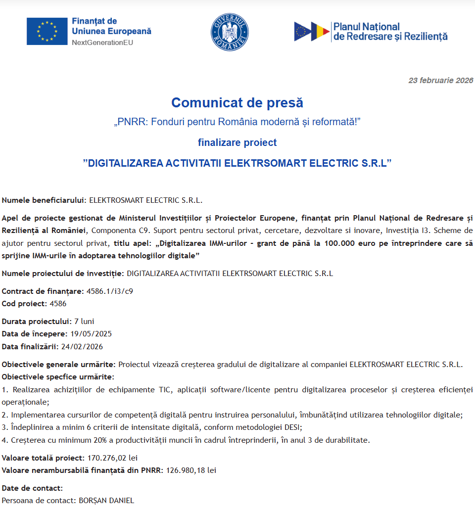 Comunicat de presă privind finalizarea derulării proiectului “DIGITALIZAREA ACTIVITATII ELEKTRSOMART ELECTRIC S.R.L”