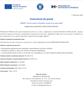 Comunicat de presa finalizare proiect fonduri PNRR - PROLEMATEX PRODCOM SRL