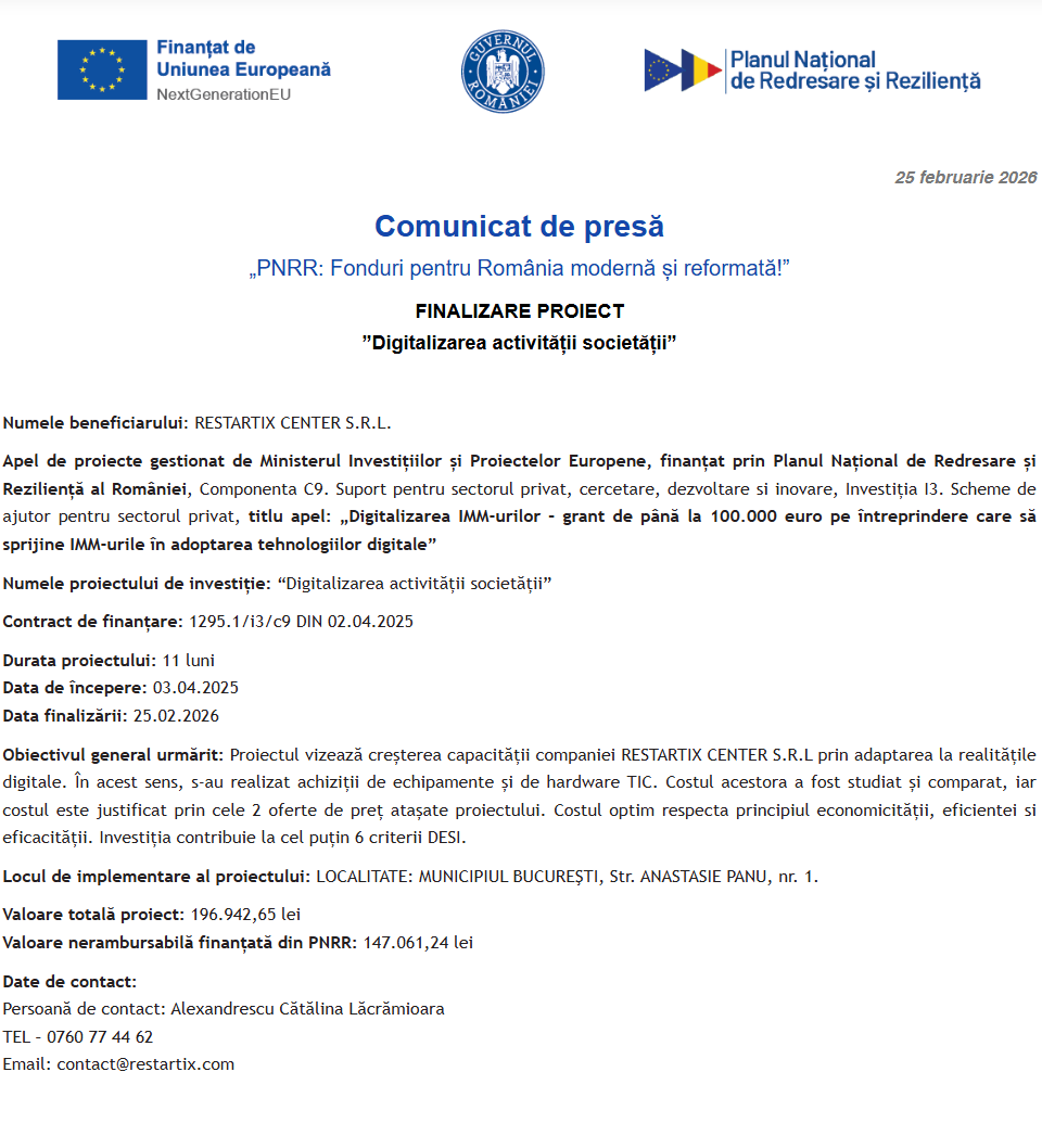 Comunicat de presă privind finalizarea derulării proiectului “Digitalizarea activității societății”