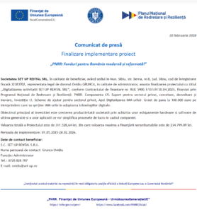 Comunicat de presa finalizare proiect fonduri PNRR - SET UP RENTAL SRL