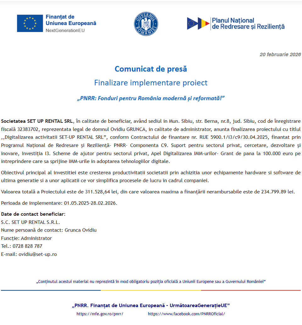 Comunicat de presă privind finalizarea derulării proiectului „Digitalizarea activitatii SET-UP RENTAL SRL”
