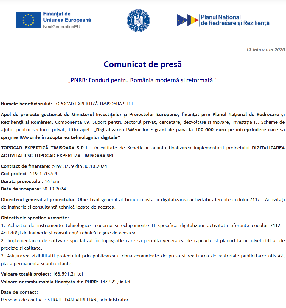 Comunicat de presă privind finalizarea derulării proiectului „DIGITALIZAREA ACTIVITATII SC TOPOCAD EXPERTIZA TIMISOARA SRL”