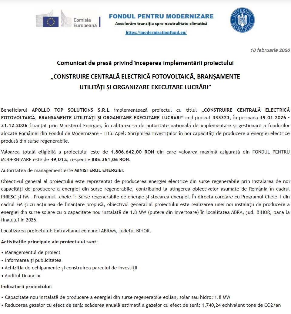 Comunicat de presă privind începerea derulării proiectului „CONSTRUIRE CENTRALĂ ELECTRICĂ FOTOVOLTAICĂ, BRANȘAMENTE UTILITĂȚI ȘI ORGANIZARE EXECUTARE LUCRĂRI”