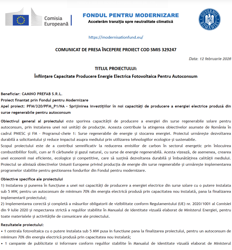 Comunicat de presă privind începerea derulării proiectului „Înființare Capacitate Producere Energie Electrica Fotovoltaica Pentru Autoconsum”