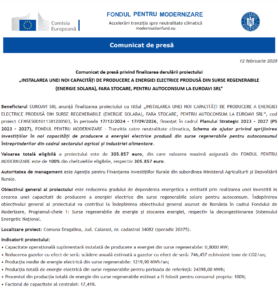 Comunicat de presa incepere proiect Fondul pentru Modernizare - EUROAVI SRL