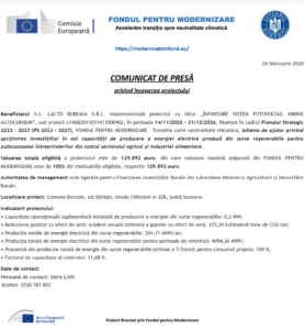 Comunicat de presa incepere proiect Fondul pentru Modernizare - LACTO BOROAIA SRL