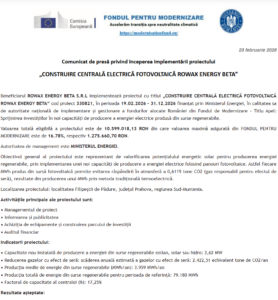 Comunicat de presa incepere proiect Fondul pentru Modernizare - ROWAX ENERGY BETA SRL