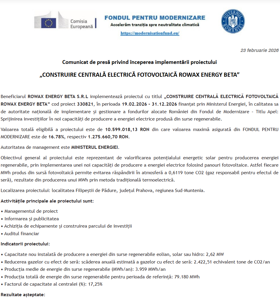 Comunicat de presă privind începerea derulării proiectului „CONSTRUIRE CENTRALĂ ELECTRICĂ FOTOVOLTAICĂ ROWAX ENERGY BETA”
