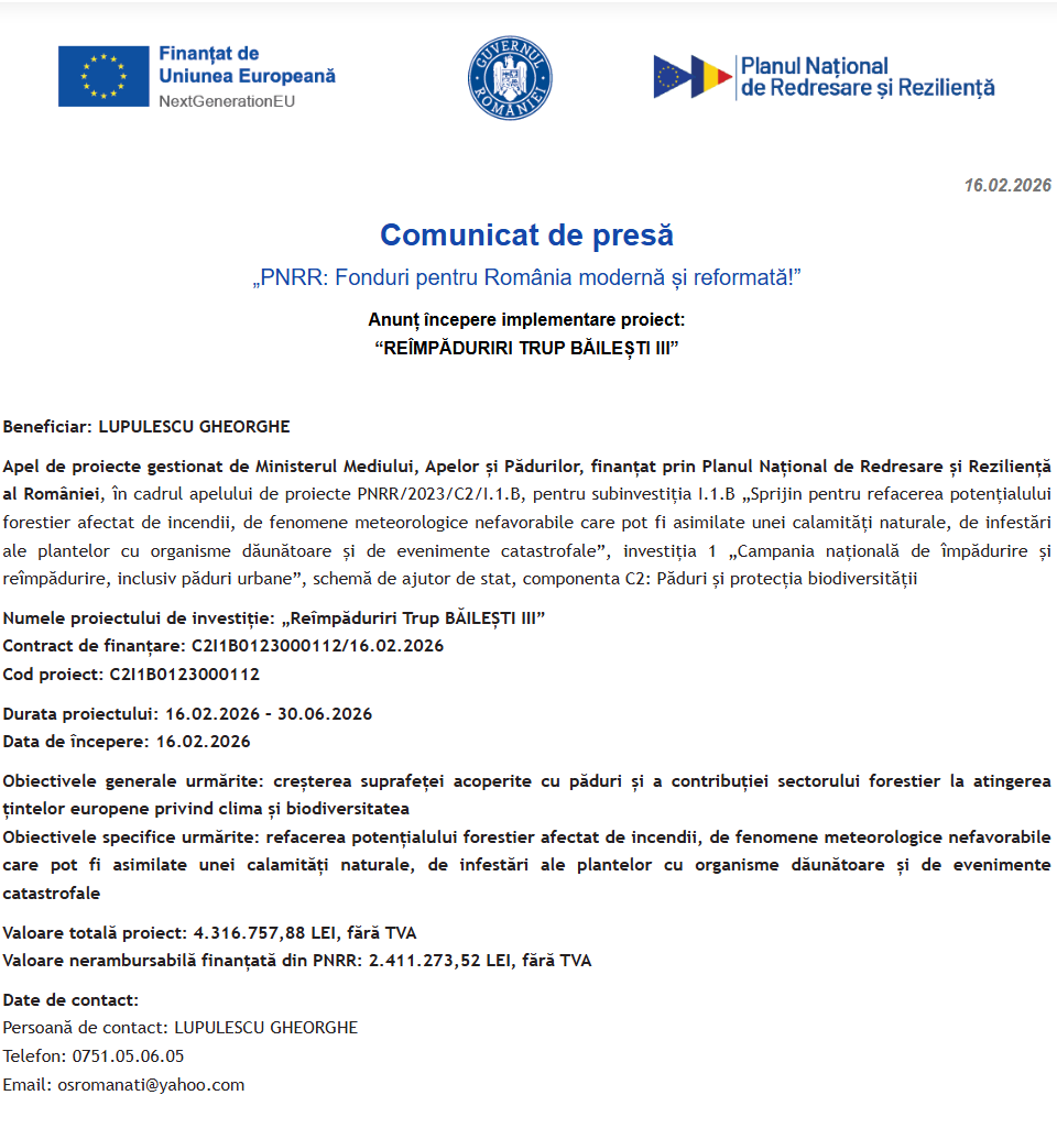 Comunicat de presă privind începerea derulării proiectului “REÎMPĂDURIRI TRUP BĂILEȘTI III”