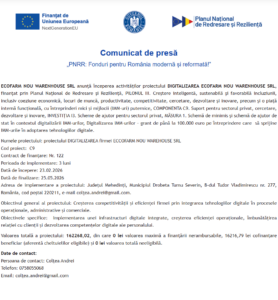 Comunicat de presa incepere proiect fonduri PNRR - ECOFARM NOU WARENHOUSE SRL