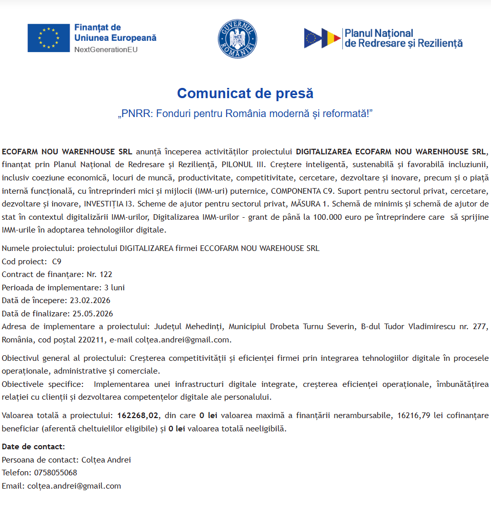 Comunicat de presă privind începerea derulării proiectului “DIGITALIZAREA ECOFARM NOU WARENHOUSE SRL”