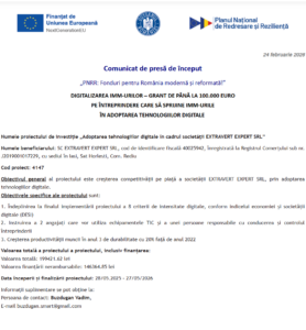 Comunicat de presa incepere proiect fonduri PNRR - EXTRAVERT EXPERT SRL
