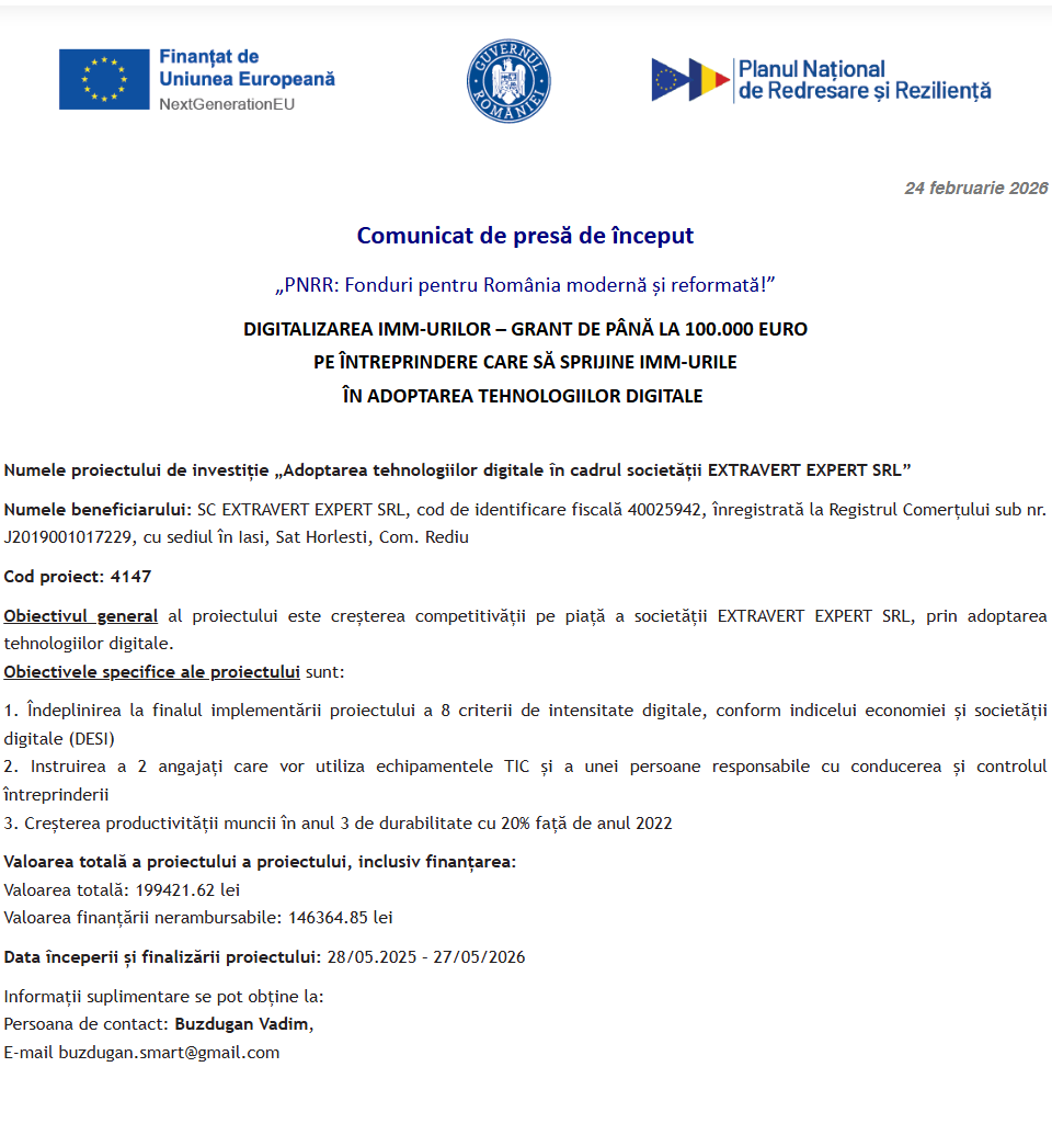 Comunicat de presă privind începerea derulării proiectului „Adoptarea tehnologiilor digitale în cadrul societății EXTRAVERT EXPERT SRL”